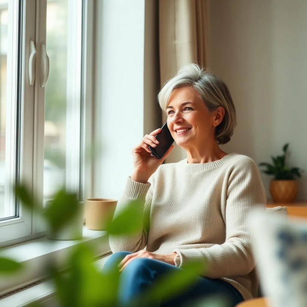Pessoa conversando tranquilamente ao telefone em ambiente residencial