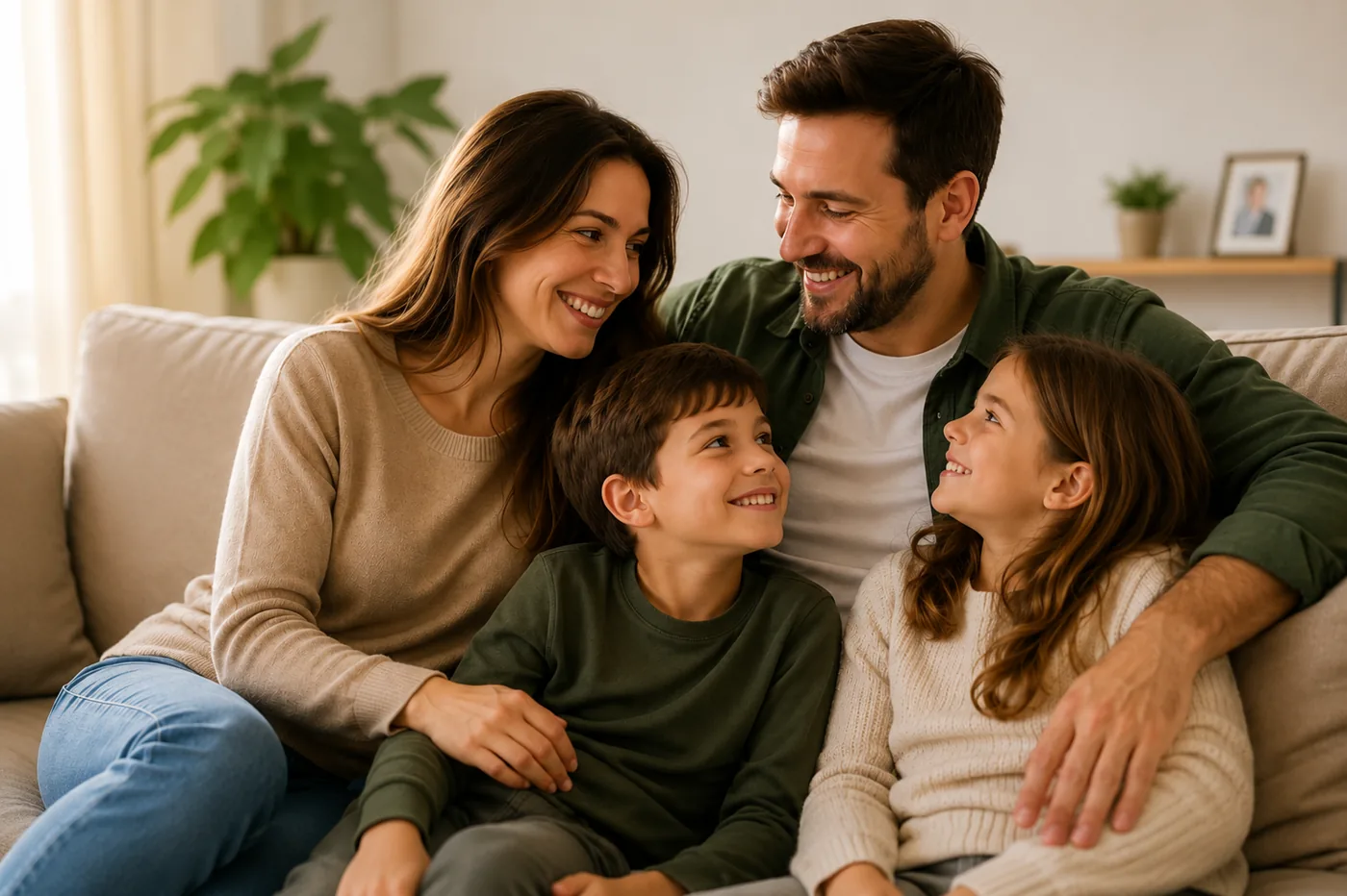 Família reunida no sofá da sala, sorrindo em um ambiente residencial acolhedor